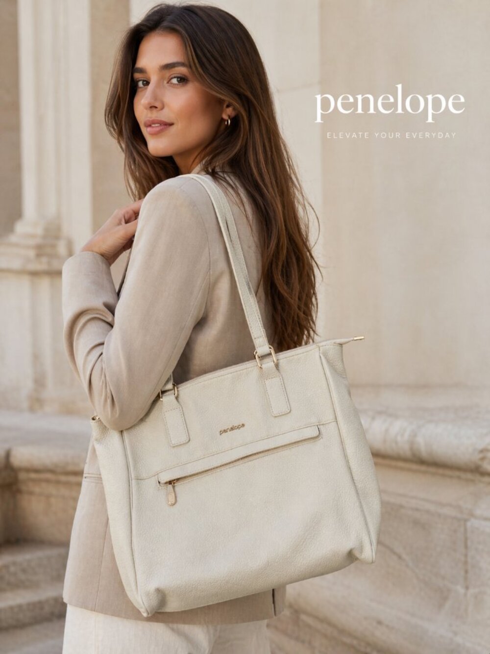 Penelope Cream Faux Leather Tote Bag, Large